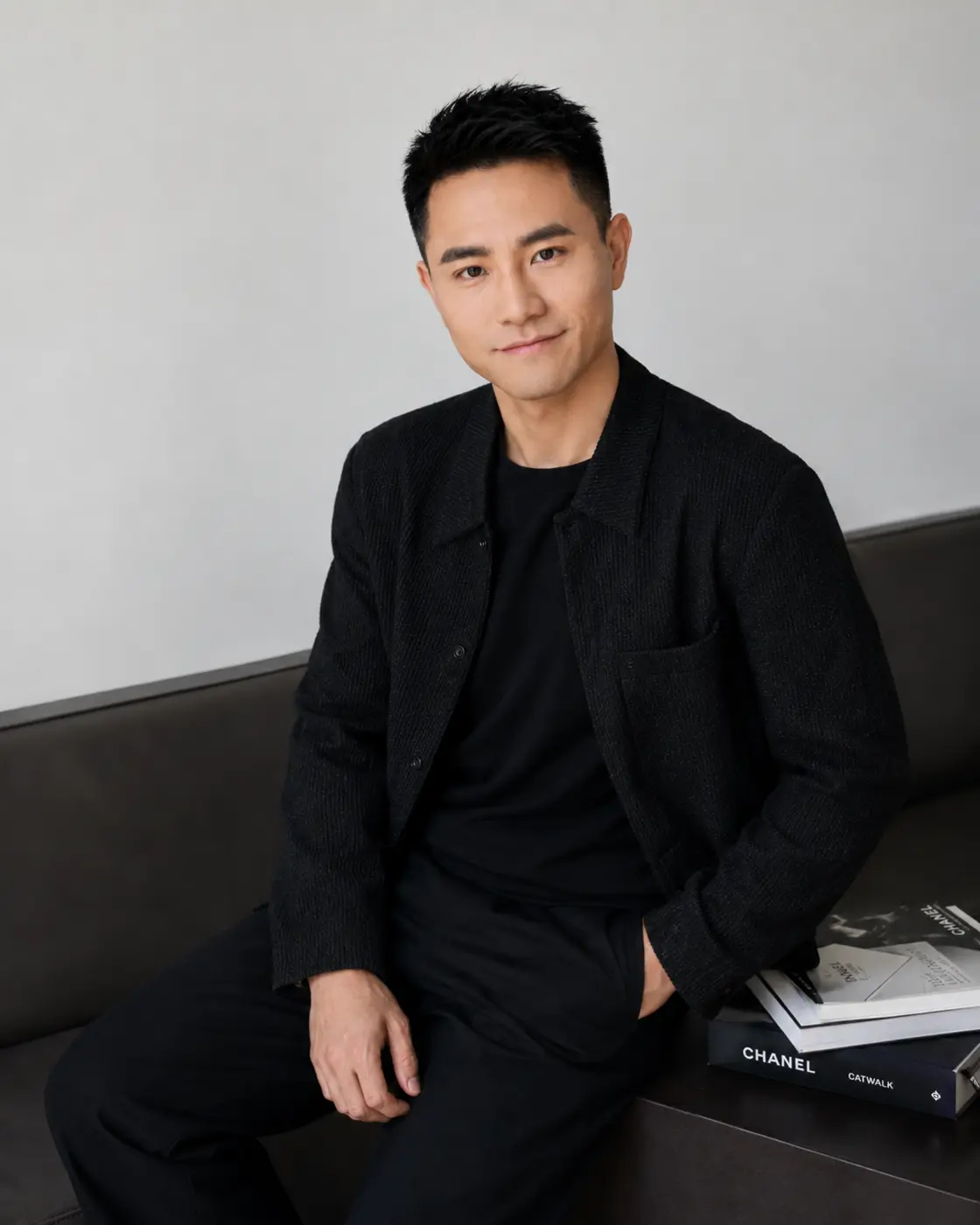 Bobby Wu seated in a black textured jacket beside art and fashion books