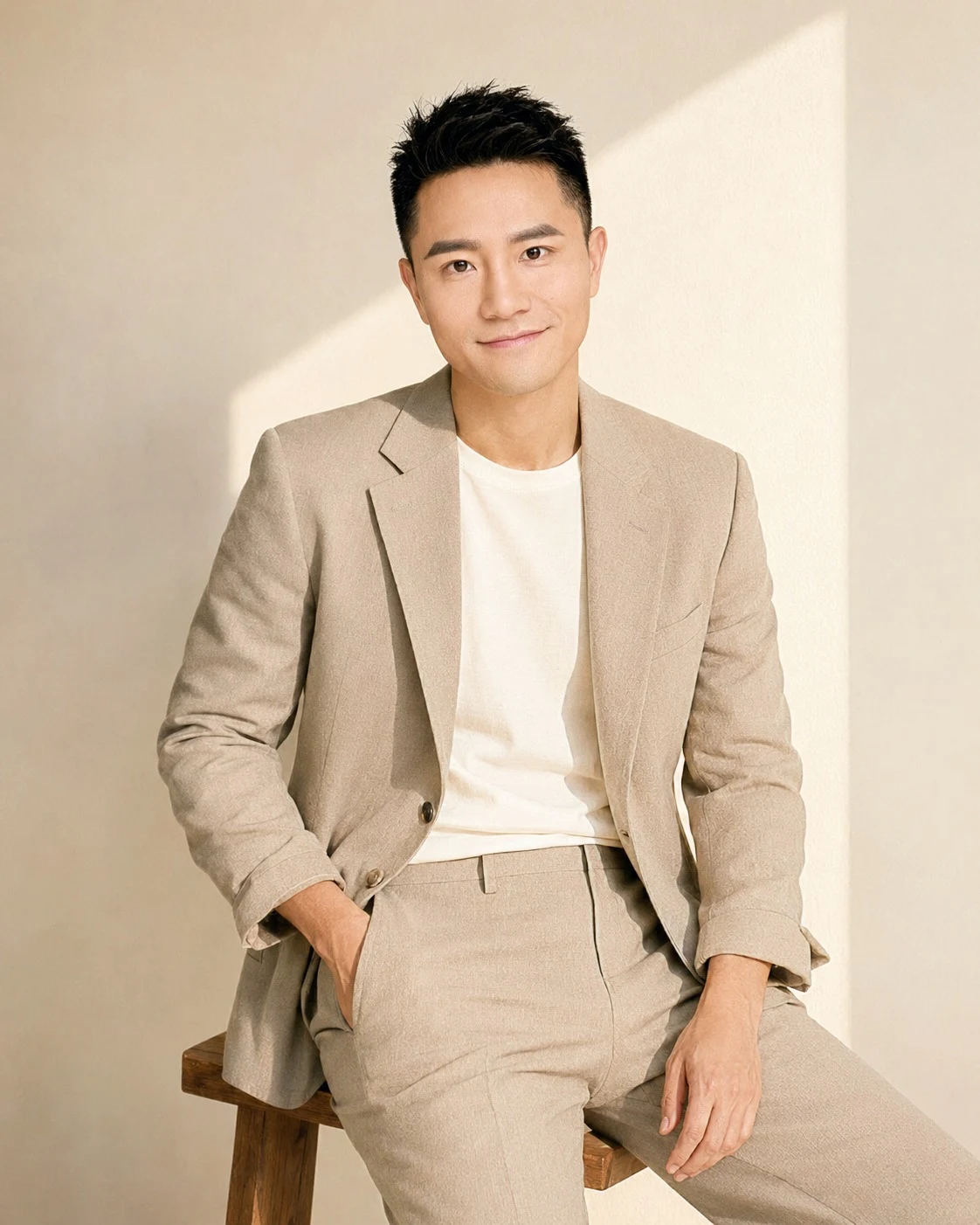 Bobby wearing a beige suit